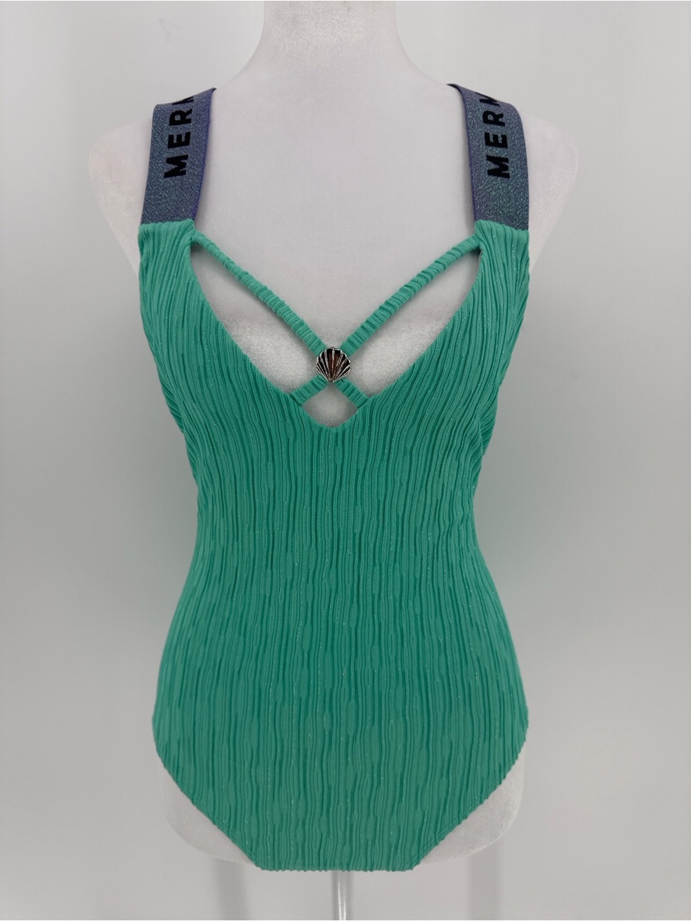 Salty Mermaid Aqua Shimmer Crinkle One‎ Piece Swimsuit Size Large Mermaidcore